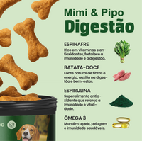 Ingredientes naturais do suplemento Mimi & Pipo Digestão: Espinafre para imunidade, Batata-doce como fonte de fibras, Espirulina para vitalidade e Ômega 3 para pele e pelagem.