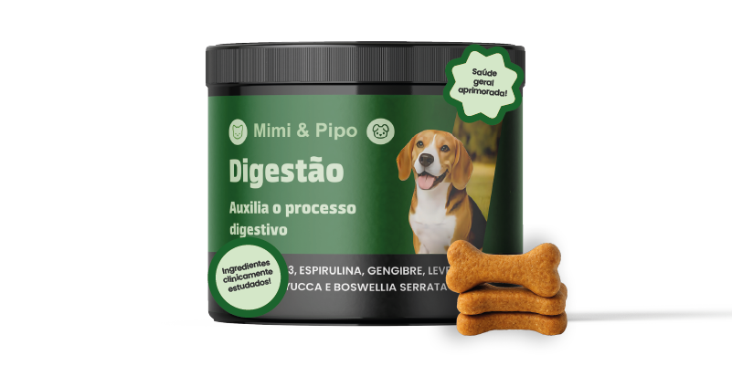 Pote de suplemento Bem Barriga Mimi e Pipo para digestão de cães e gatos com probióticos naturais.