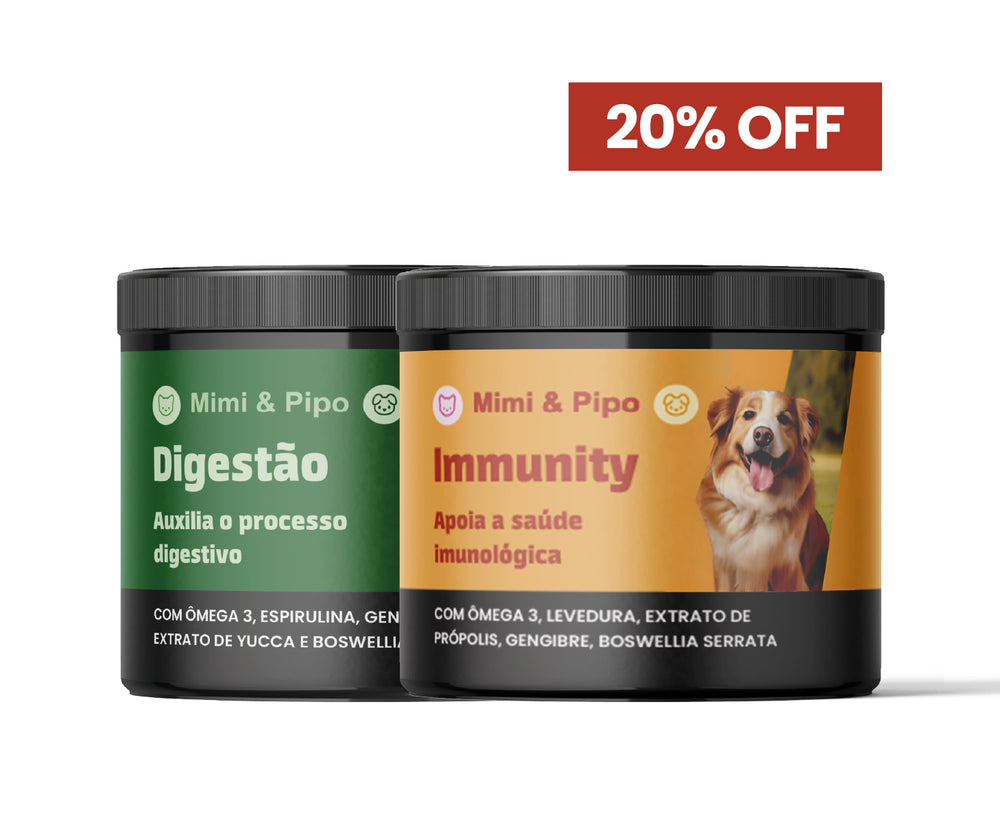 Combo Digestão e Imunidade Mimi & Pipo: kit com suplementos naturais Bem Barriga e Fica Forte para saúde completa de cães e gatos.