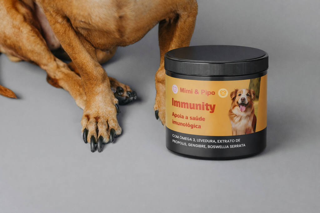 Suplemento natural Mimi & Pipo Immunity ao lado de um pet, destacando a fórmula com Ômega 3, levedura e extrato de própolis para saúde canina.