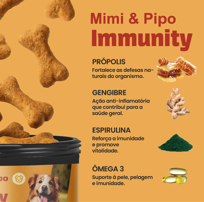 Ingredientes do Mimi & Pipo Immunity: Própolis para defesas naturais, Gengibre com ação anti-inflamatória, Espirulina para vitalidade e Ômega 3 para pele e pelagem.