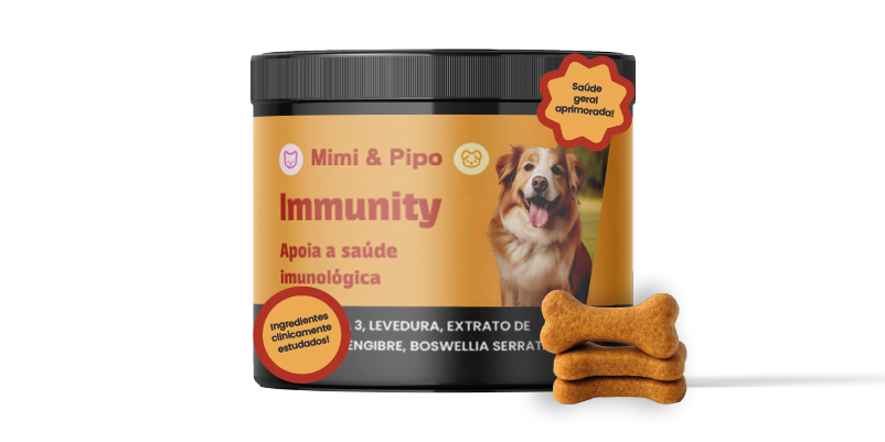 Pote do suplemento Immunity Mimi & Pipo para cães, formulado para apoiar a saúde imunológica com ingredientes naturais e alta palatabilidade.