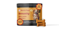 Pote do suplemento Immunity Mimi & Pipo para cães, formulado para apoiar a saúde imunológica com ingredientes naturais e alta palatabilidade.